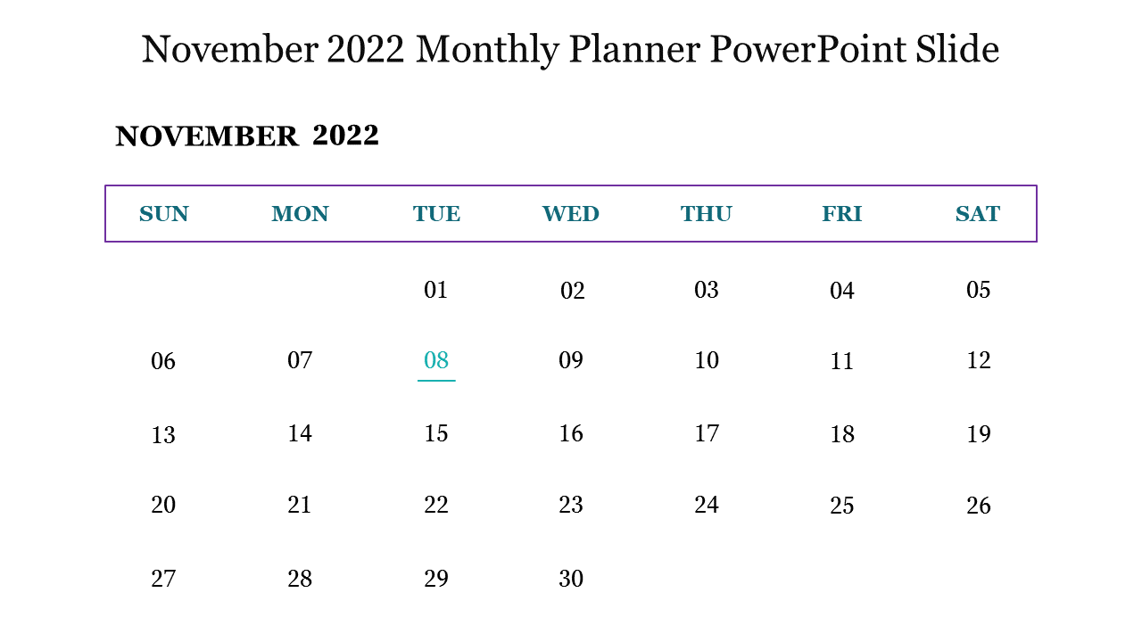 November 2022 Monthly Planner PowerPoint Slide
